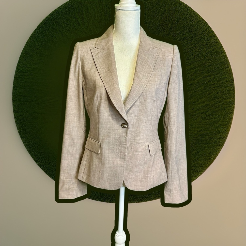 Saks Fifth Avenue Collection Heathered Tan Wool Whipstitch Trim Blazer Size 8